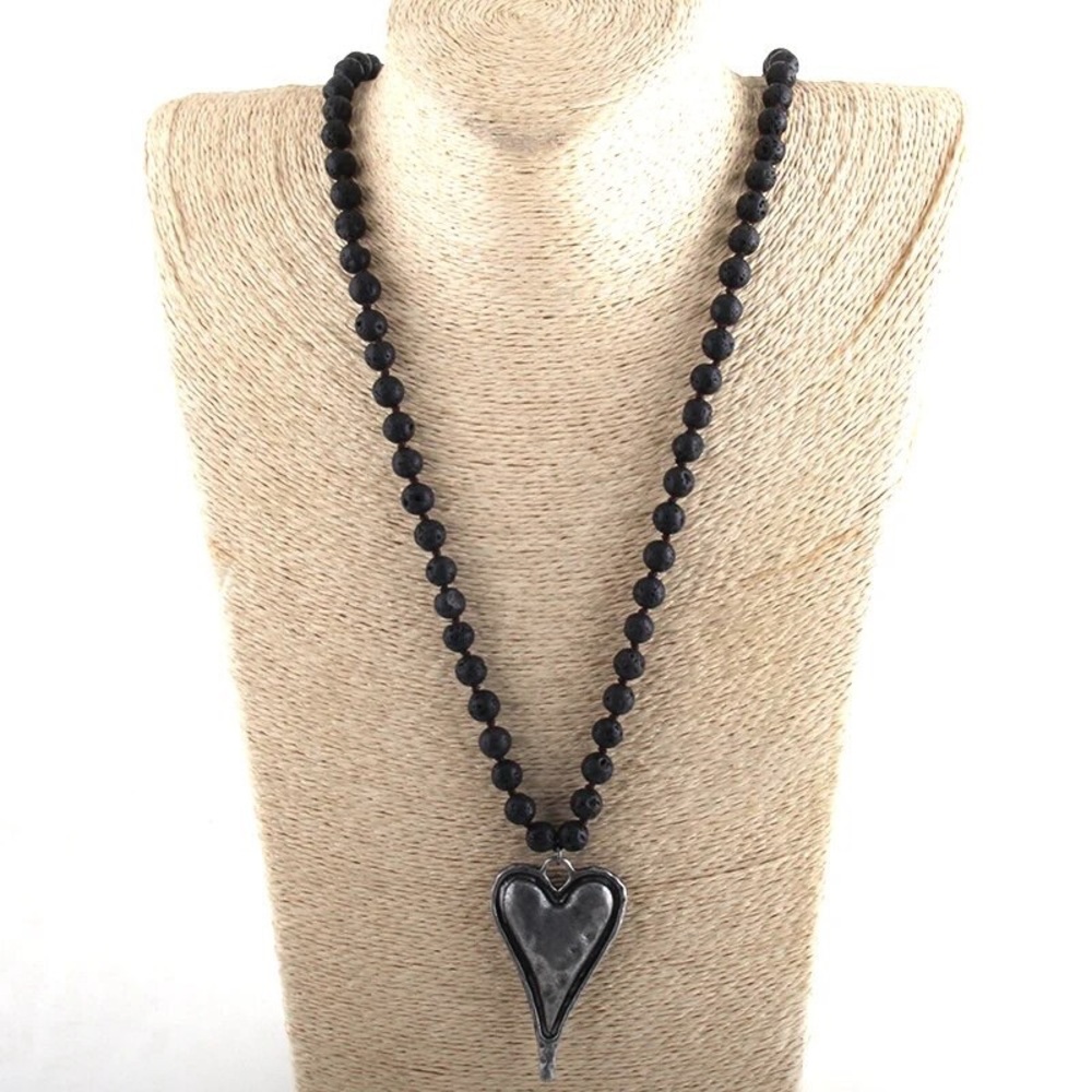 Onyx Gray Metal Heart, Lava Stone Beaded Necklace, 32”, Western Boho Festival